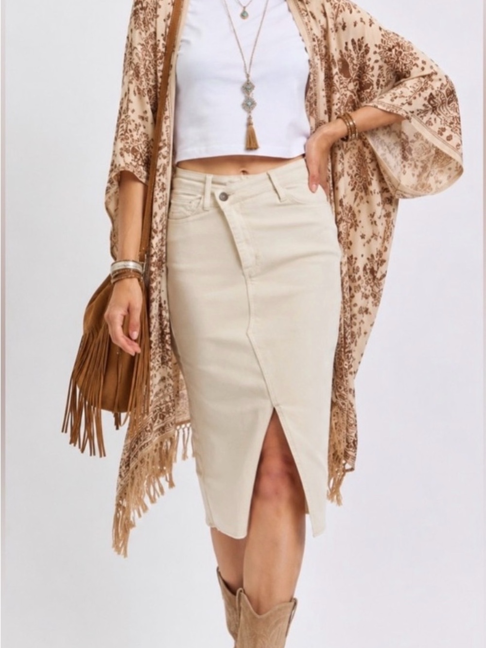 Judy Blue Cream High-Waist Midi Pencil Skirt with Front Slit